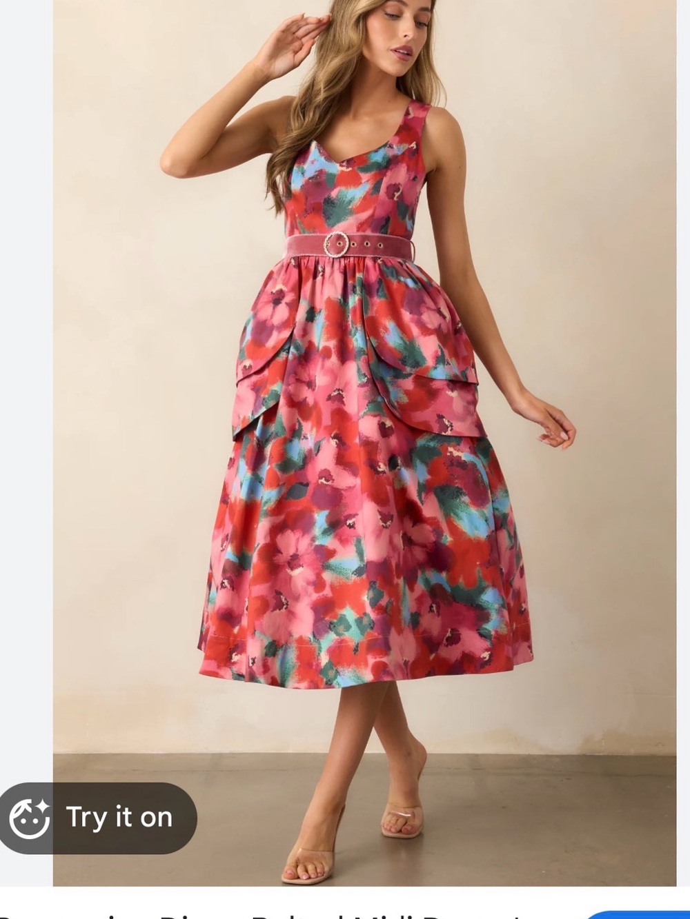 Girls Pink Floral Midi Dress with Decorative Belt
